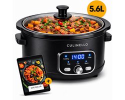 Culinello® Digitale Slowcooker met Timer – 5.6 Liter – Incl. Digitaal Slowcooker Kookboek – Uitstelbare Timer – Programmeerbare Timer – Multicooker – Rice cooker – Rijstkoker – Slow Cooker – Uitneembare Keramische Binnenpan – 3 Warmtestanden – Zwart