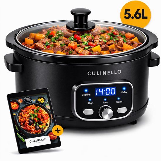 Culinello® Slowcooker 5.6L Zwart met Timer en 3 - Culinello® - €64,95