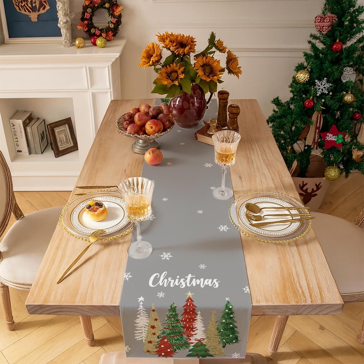 Feestelijke Tafelrunner Kerstboom Sneeuwvlokken Modern Tafeldecoratie 33 x 183 cm