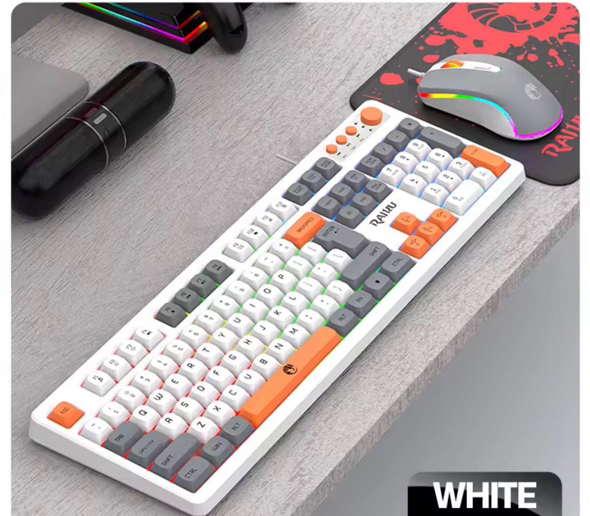Gaming Toetsenbord, Muis en Mousepad Set – RGB Verlichting – QWERTY EU Layout – Bedraad USB – Gaming Keyboard Mouse Combo – Wit Grijs Oranje