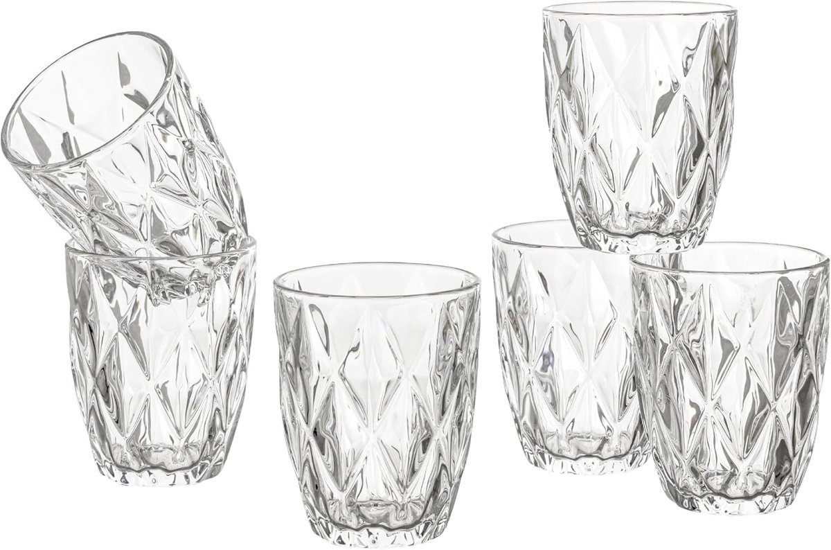 Set van 6 Elegante Waterglazen met Diamant Reliëf - Gekleurd en Transparant - 28 cl - Vaatwasmachinebestendig