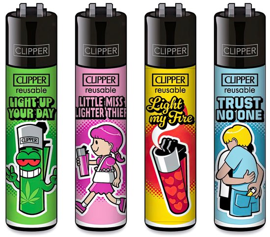 Vier Clipper aanstekers: groen met wietblad, roze met meisje, geel met hartjes en blauw met knuffelende figuren.