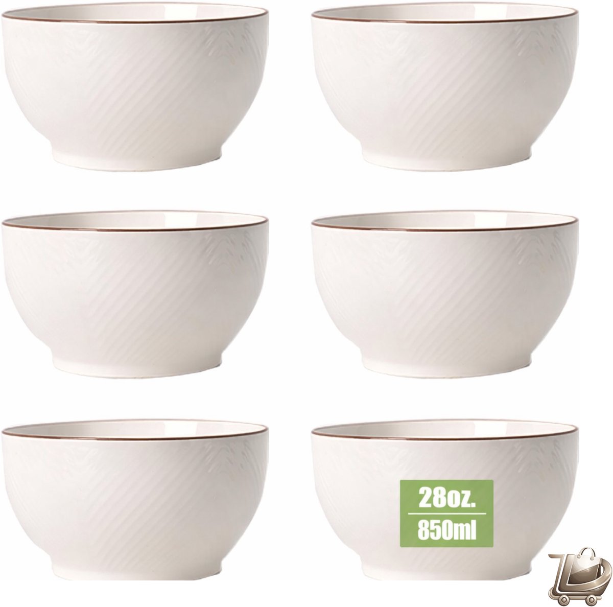 Soepkommen Set 6-delig - 850 ml Porselein - Met Rasterpatroon - Witte Kommen voor Muesli, Soep, Salade, Rijst, Noedels, Pho, Dessert en IJs - Keramische Kommen Φ15cm
