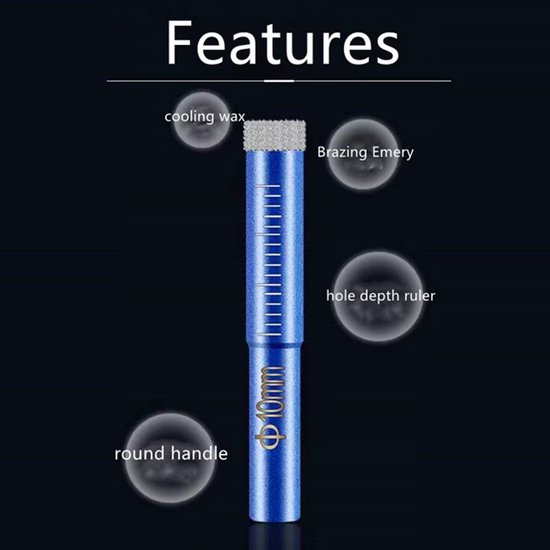 Blauwe diamantboor met de tekst 'features', koelwas, gesmolten smyrna en gaten diepte liniaal. De schacht is 10mm.