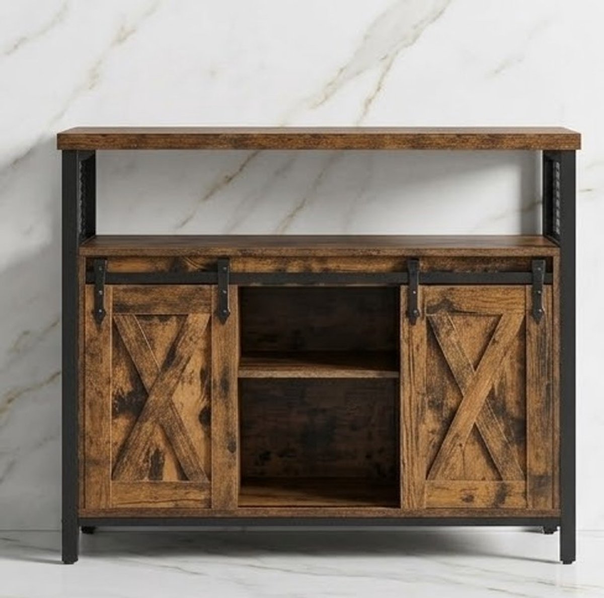 Monteluce Dressoir met Schuifdeuren – Industriële Keukenkast met Verstelbare Planken – Opbergkast Woonkamer, Hal of Kantoor – 100x33x80 cm – Vintage Bruin Zwart Casa Serena – Casa Dorada