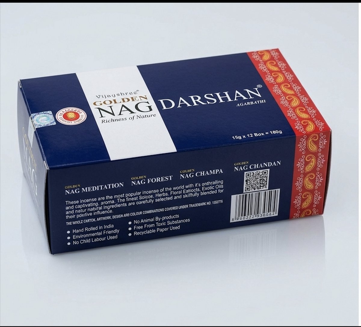 Golden Nag Darshan Wierook - Voordeelverpakking: 12 Etuis à 15 Gram - Originele Vijaya Agarbatti, Authentieke Indiase Wierookstokjes, Heerlijke Spirituele Huisparfum Met Kajal stickers