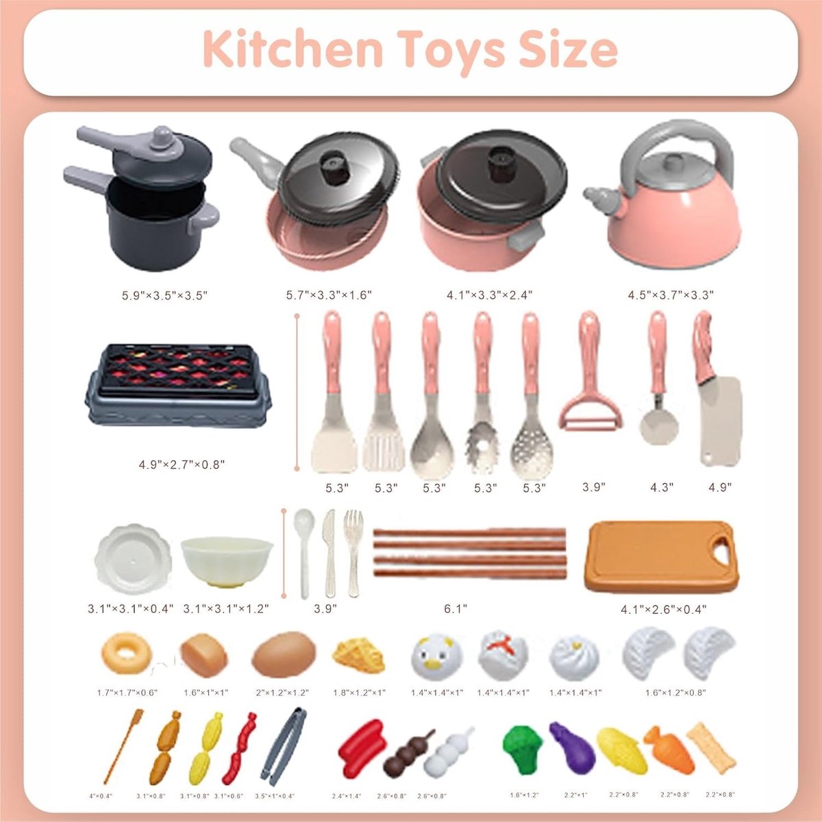 59-delige set speelgoedaccessoires voor kinderen, speelkeuken met BBQ-kookset met potten en pannen, kookgerei, gesneden speelgoedvoedselset, speelgoedgroenten, speelkeuken voor meisjes en jongens (roze) — afbeelding 2