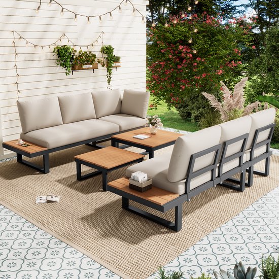 Ensemble de mobilier de jardin - salon d'angle - avec fonction d'inclinaison réglable - plateau en bois plastique - incluant deux tables basses - beige et gris