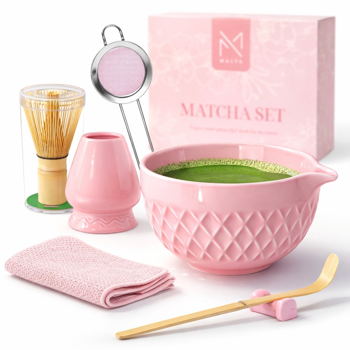 Matcha Set – Roze – Malya – Complete Matcha Starterkit 7-delig – Japanse Matcha Kom met Schenktuit, Bamboe Whisk, Zeef & Accessoires – Perfect Cadeau