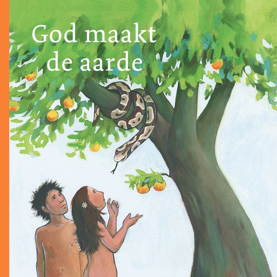 Een slang kronkelt rond een tak in een boom met fruit. Adam en Eva kijken omhoog naar de slang. "God maakt de aarde" staat in witte letters.