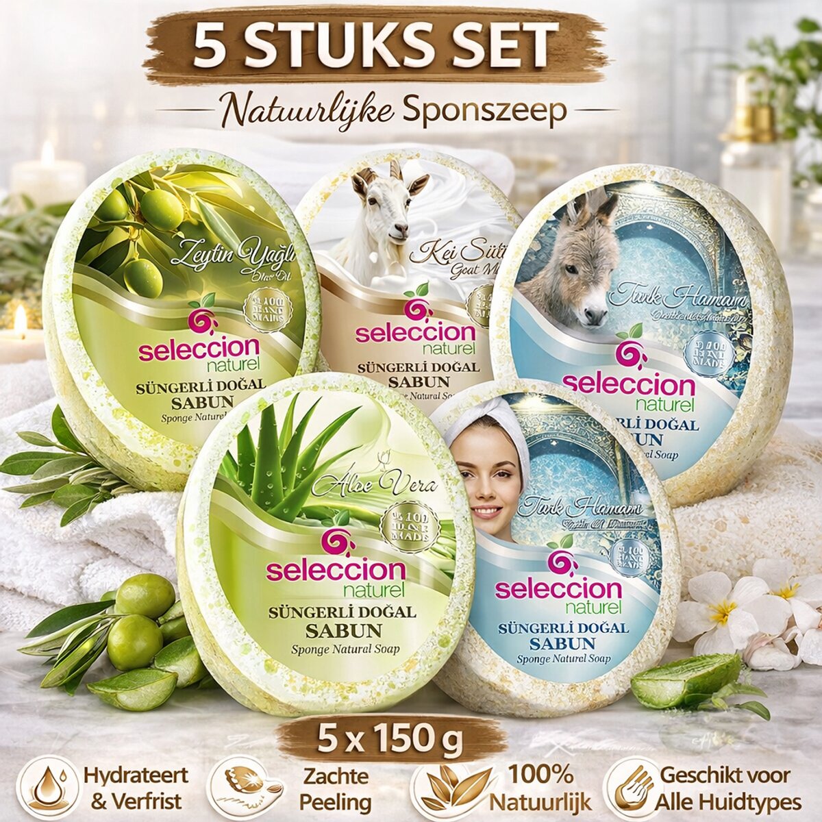 Seleccion Naturel Sponszeep Voordeelset 5 Stuks (5 x 150 g) – Natuurlijke Sponszeep met Olijfolie, Geitenmelk, Aloe Vera, Ezelinnenmelk & Turkish Hammam