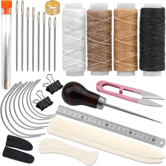 33-delige boekbindset - DIY Ledergereedschapset - inclusief 4 vouwbenen, papierplooier, boekbindbenodigdheden met boekbindnaald, gewaxte draad, stalen liniaal en priem voor boekbinden en papierknutselwerk.