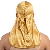 Goudkleurige satijnen durag douche muts voor heren en dames – glanzende hoofddoek met lange staarten en striksluiting – ademend haar accessoire voor dagelijks gebruik