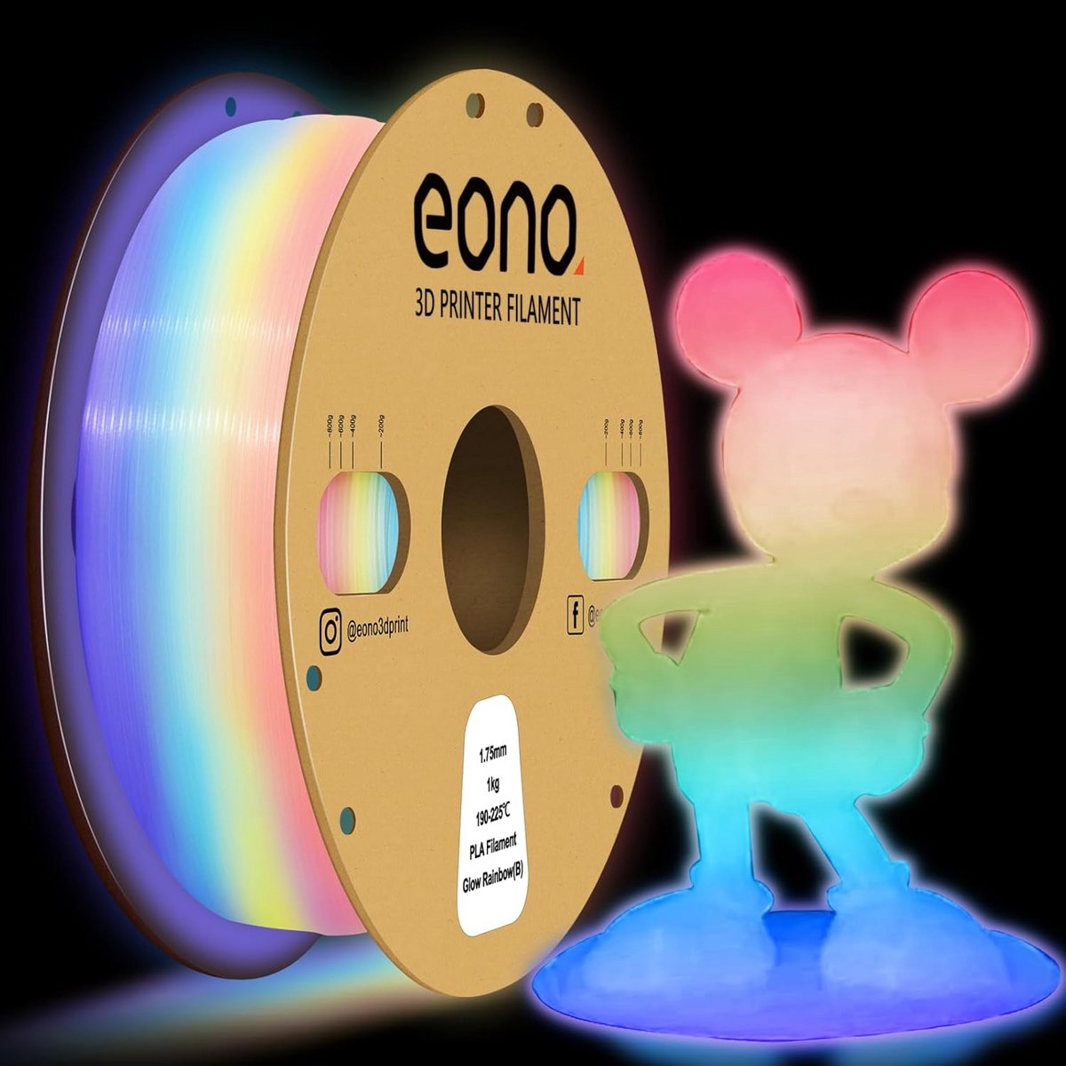 Glow in the Dark 3D Printer Filament 1.75mm, 1kg, Wit naar Regenboog Effect