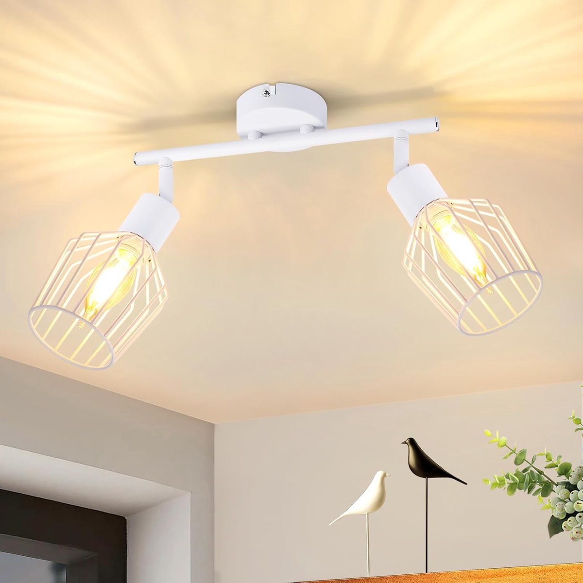 Glitzerlife - Plafondspot Plafondlamp - 2xE14 fitting - Opbouwspots - 350° schwenkbaar, Touch-bediening - Onbehandeld Metaal Retro - Ø32cm - Witte Retro Plafondspot voor Flur Keuken Slaapkamer