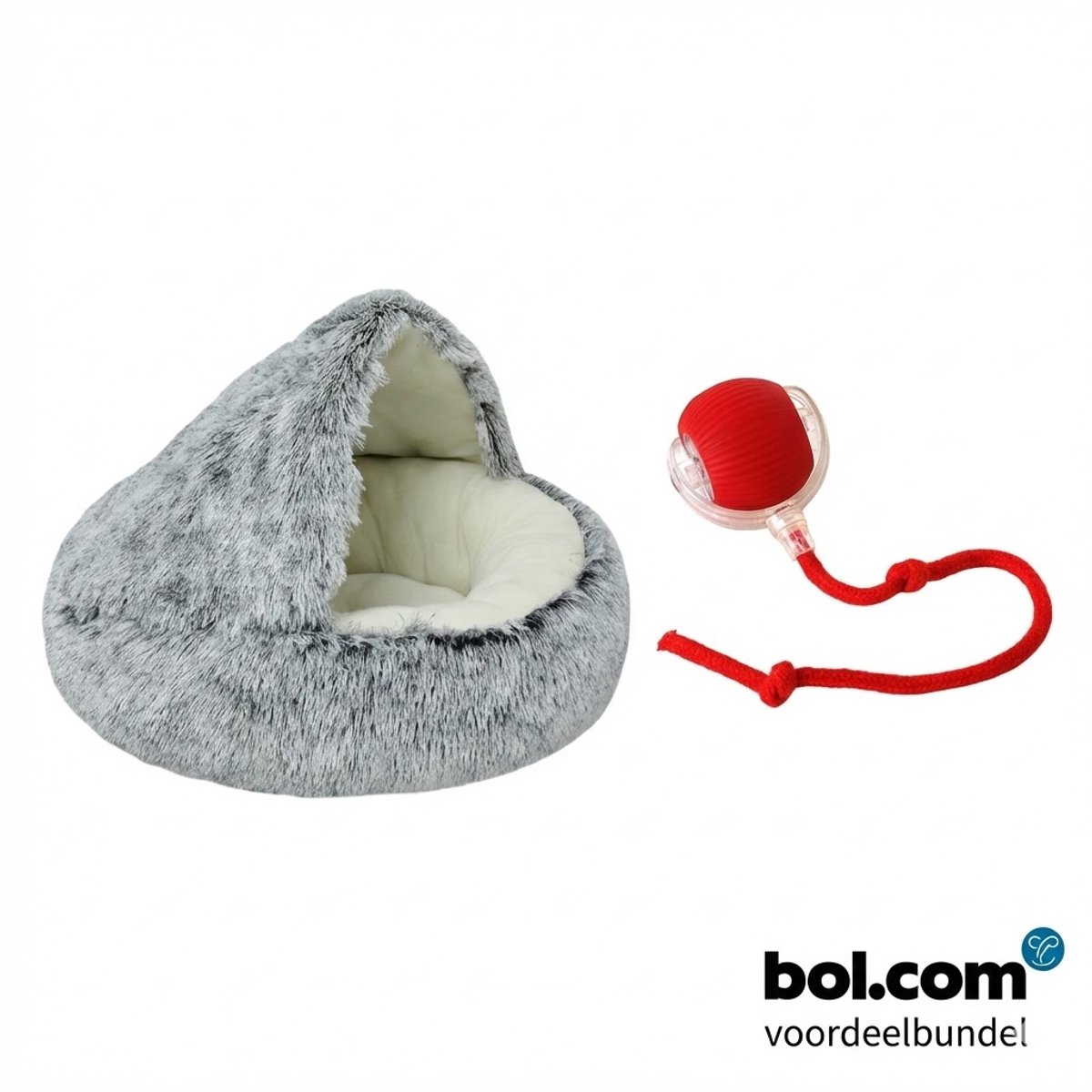 Luxe Fluffy Kattenmand & Hondenmand met Overkapping + Kattenspeeltje - Ø 50 cm - Grijs - Voordeelset - Zacht Holletje - Anti-Stress Slaapzak