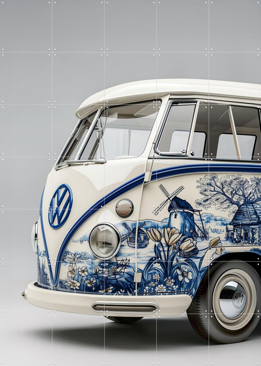 IXXI Delfts Blauwe VW Bus 5, Margriet Hulsker - 100 x 140 cm - Gratis ophangtool - Grote wanddecoratie en posters - Illustraties, Vintage