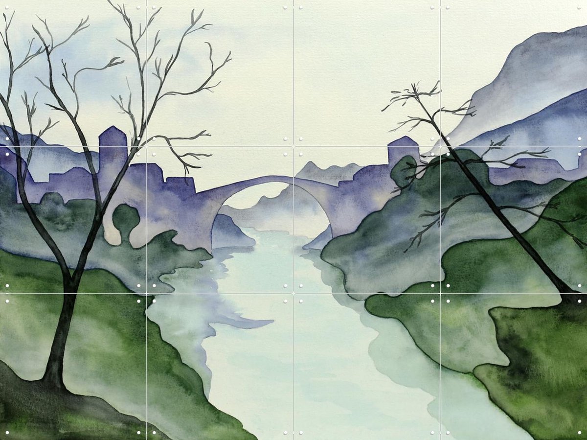 IXXI Village by the River, Natalie Bruns - 80 x 60 cm - Gratis ophangtool - Grote wanddecoratie en posters - Impressionisme, Aquarel, Woonkamer