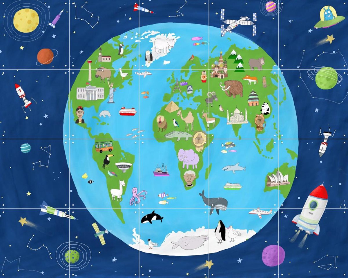 IXXI Illustrated Map of the World from Space, Carla Daly - 100 x 80 cm - Gratis ophangtool - Grote wanddecoratie en posters - Cartoonesk, Kleurrijk