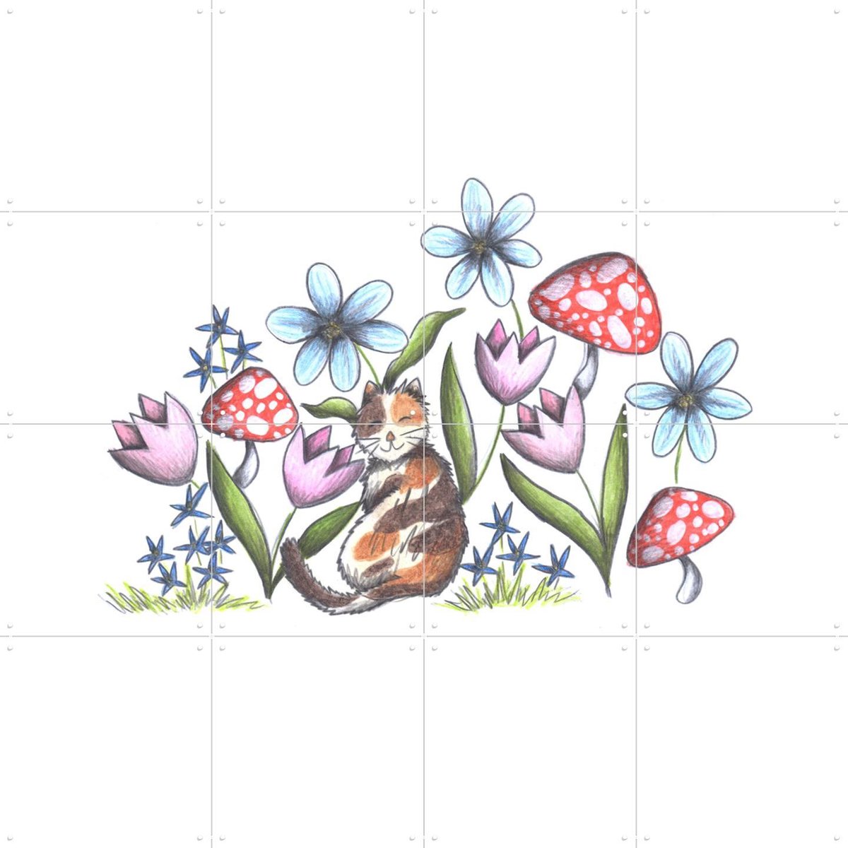 IXXI Cat in the Garden, Cecilia Battaini - 80 x 80 cm - Gratis ophangtool - Grote wanddecoratie en posters - Illustraties, Fantasierijk, Kinderkamer