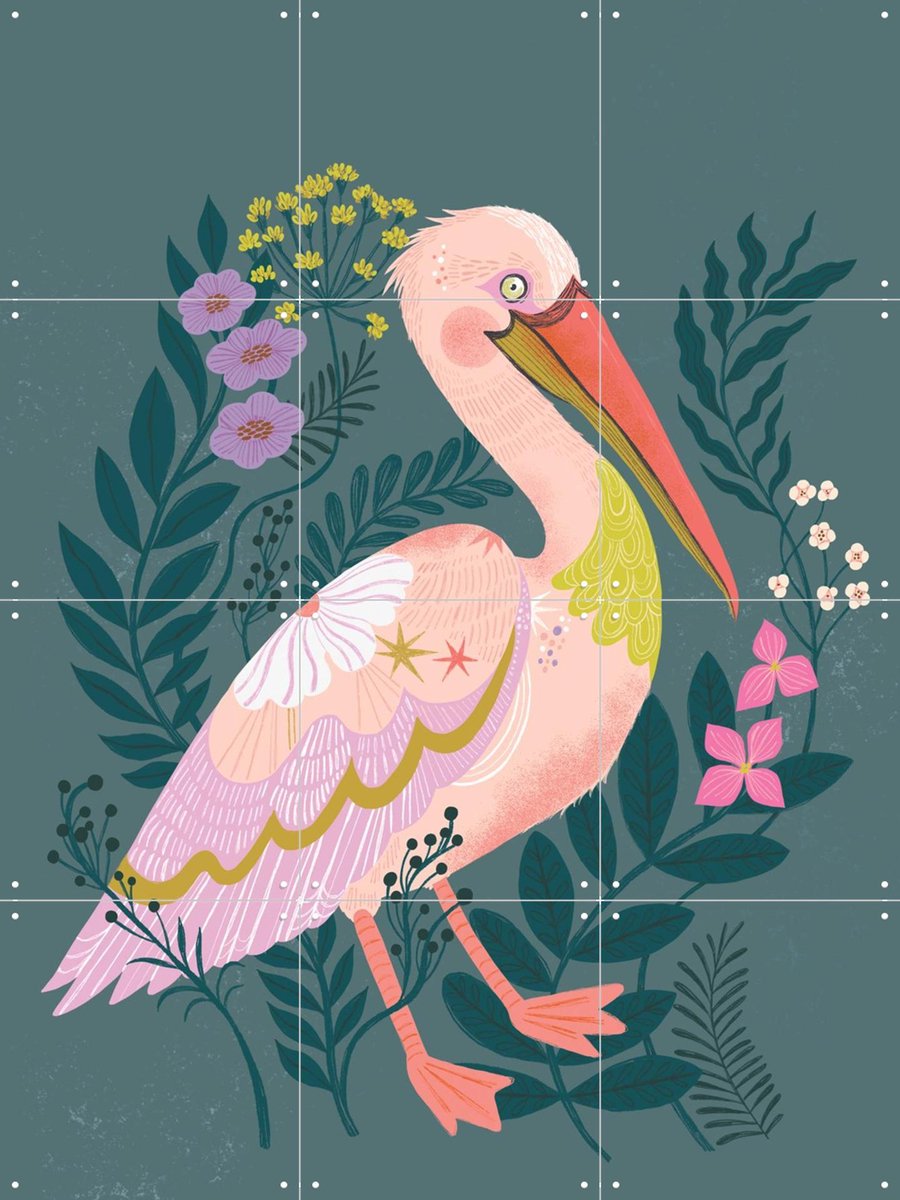 IXXI Pelican, Bethan Janine - 60 x 80 cm - Gratis ophangtool - Grote wanddecoratie en posters - Kleurrijk, Illustraties, Speels, Fantasierijk