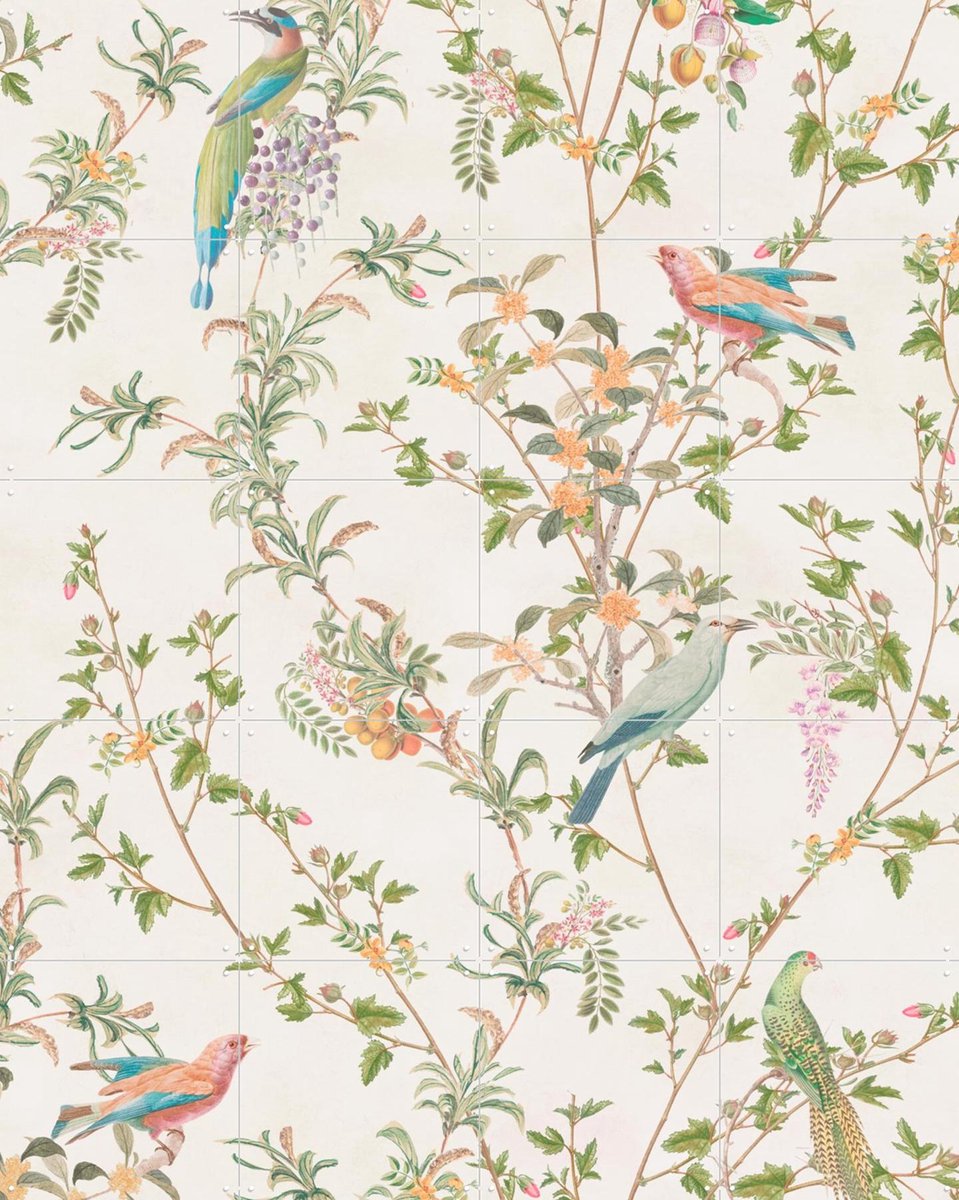 IXXI Chinoiserie vintage vines, fruit and birds - ivory, Bloomery Decor - 80 x 100 cm - Gratis ophangtool - Grote wanddecoratie en posters -