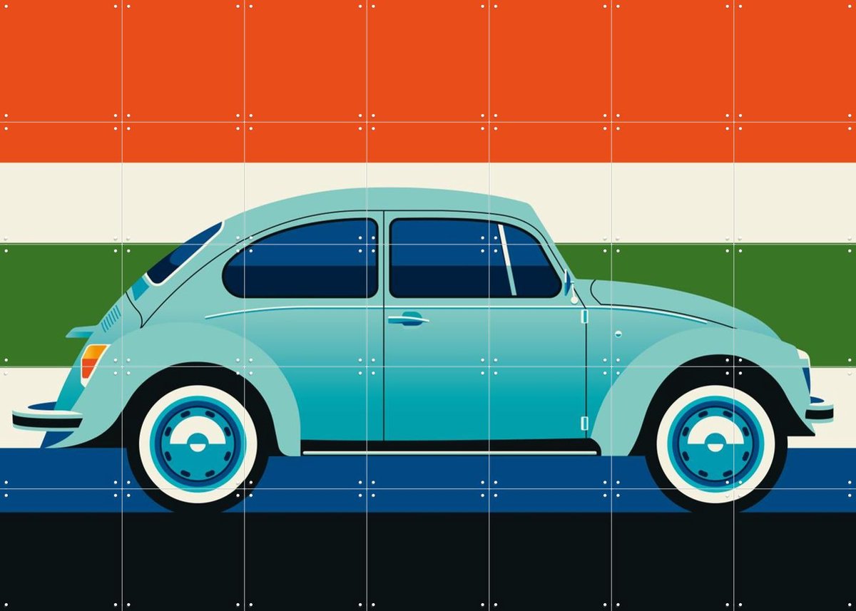 IXXI Mint Vintage Car with Stripes, Bo Lundberg - 140 x 100 cm - Gratis ophangtool - Grote wanddecoratie en posters - Vintage, Pop art, Illustraties