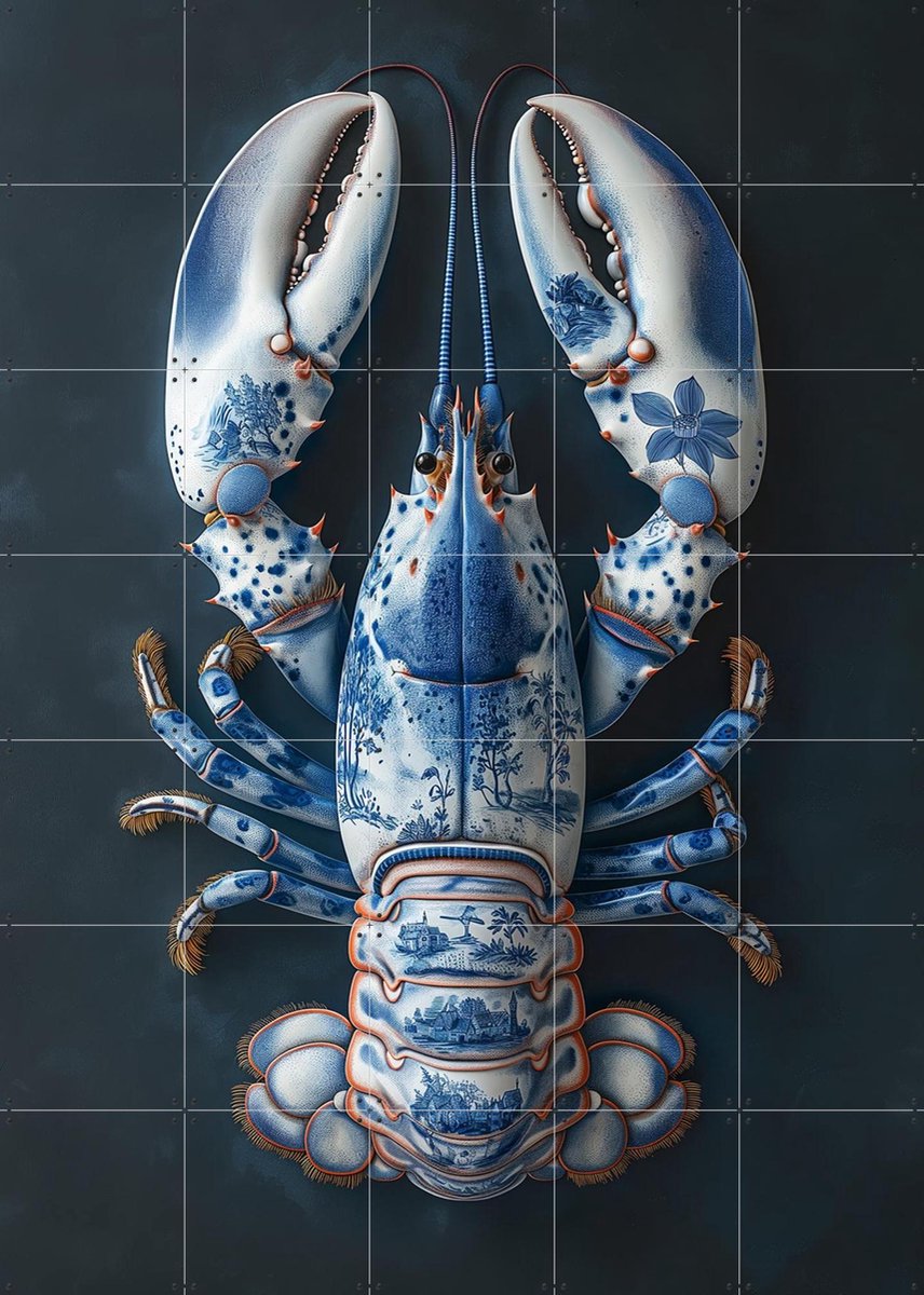 IXXI Delfts Blauwe kreeft - Zwart, Margriet Hulsker - 100 x 140 cm - Gratis ophangtool - Grote wanddecoratie en posters - Realisme, Woonkamer, Keuken