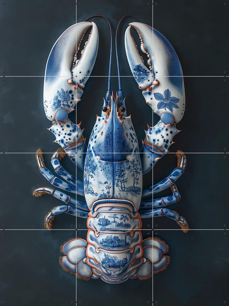 IXXI Delfts Blauwe kreeft - Zwart, Margriet Hulsker - 60 x 80 cm - Gratis ophangtool - Grote wanddecoratie en posters - Realisme, Woonkamer, Keuken