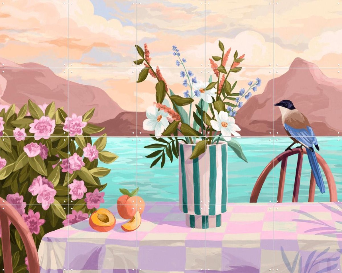 IXXI Peachy evenings, Goed Blauw - 100 x 80 cm - Gratis ophangtool - Grote wanddecoratie en posters - Illustraties, Eetkamer, Woonkamer, Keuken