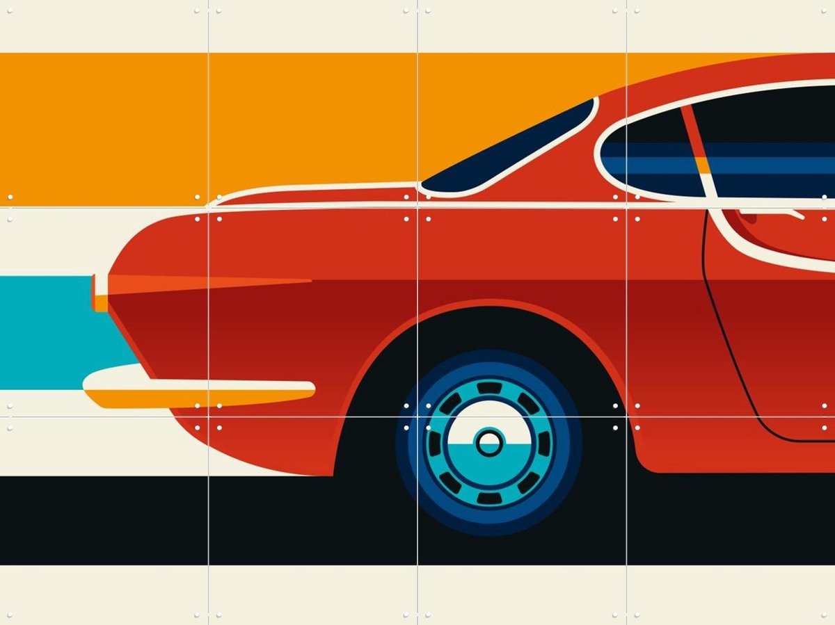 IXXI Red Vintage Sports Car Back, Bo Lundberg - 80 x 60 cm - Gratis ophangtool - Grote wanddecoratie en posters - Kleurrijk, Vintage, Illustraties