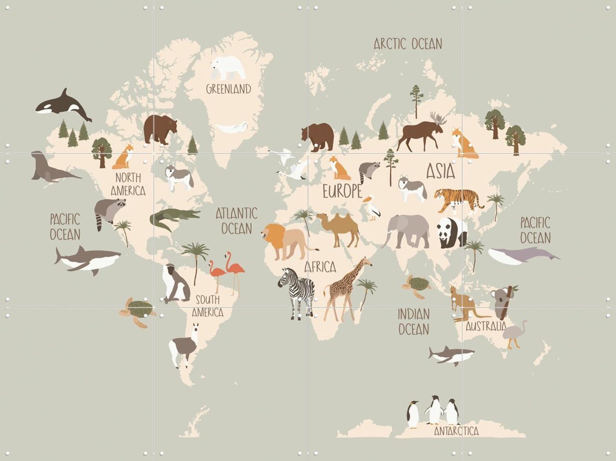 IXXI Nursery World Map (Green), Treechild & Various - 80 x 60 cm - Gratis ophangtool - Grote wanddecoratie en posters - Illustraties, Grafisch