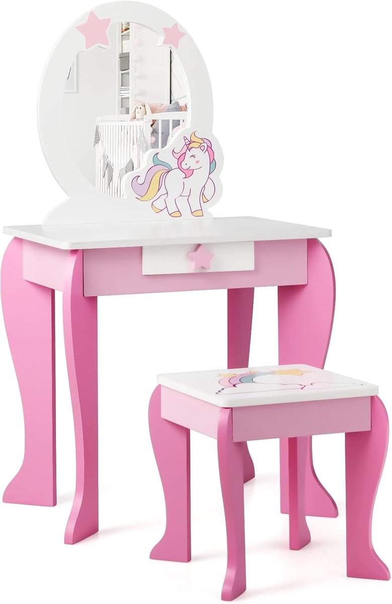 KOMFOTTEU Make-uptafel voor kinderen, kaptafel met kruk en afneembare spiegel en lade, make-uptafel met haarband en haarspeld, make-uptafel eenhoorn van hout voor meisjes vanaf 3 jaar