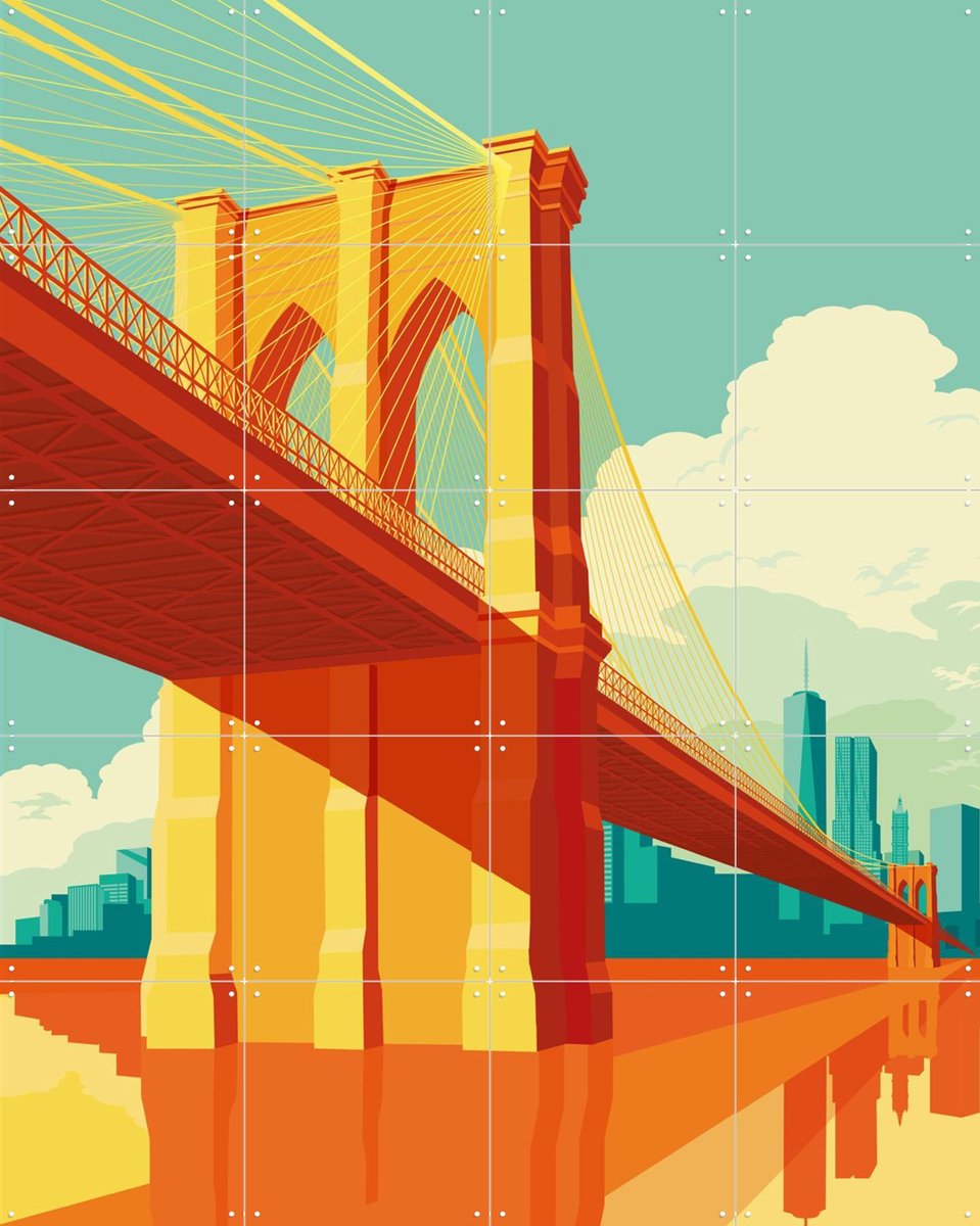 IXXI NYC - Brooklyn Bridge Blue, Remko Heemskerk & Kunst in Kaart - 80 x 100 cm - Gratis ophangtool - Grote wanddecoratie en posters - Kleurrijk