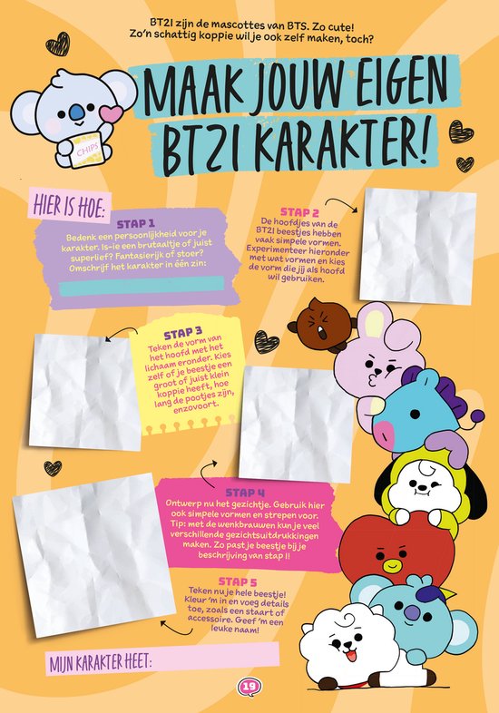 Maak je eigen BT21 karakter. Korte beschrijvingen en tekeningen van de schattige BT21 figuren.