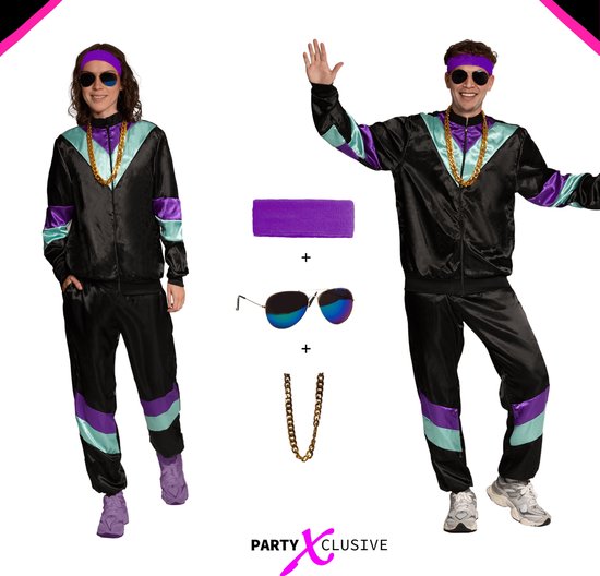 Partyxclusive 5-Delig Fout Trainingspak Jas/Broek/Hoofdband/Ketting/Bril Jaren 80 & 90 Kostuum Disco Foute Party Outfit Dames en Heren Retro Verkleedkleding Carnavalskleding Heren Carnavalskleding Dames - Polyester - Zwart - Maat L