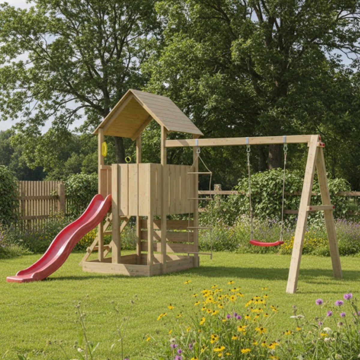 Houten Speeltoestel Jungle Tower + rode glijbaan
