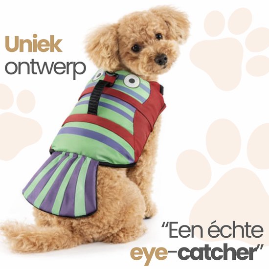 Toy poedel in rood en groen gestreept visvormig zwemvest met paarse staartvin, zittend.