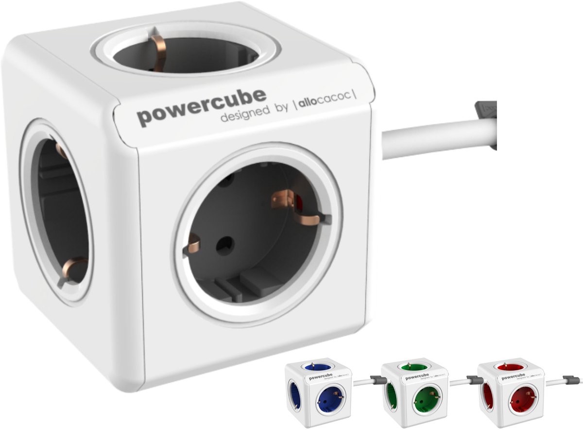PowerCube Extended stekkerdoos -1.5 meter kabel- Wit/Grijs - 5 stopcontacten - NL\/DE (Type F)