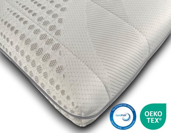 Surmatelas blanc EasyBedden avec motifs graphiques gris, couture en biais, certifications CertiPUR et Oeko-Tex.