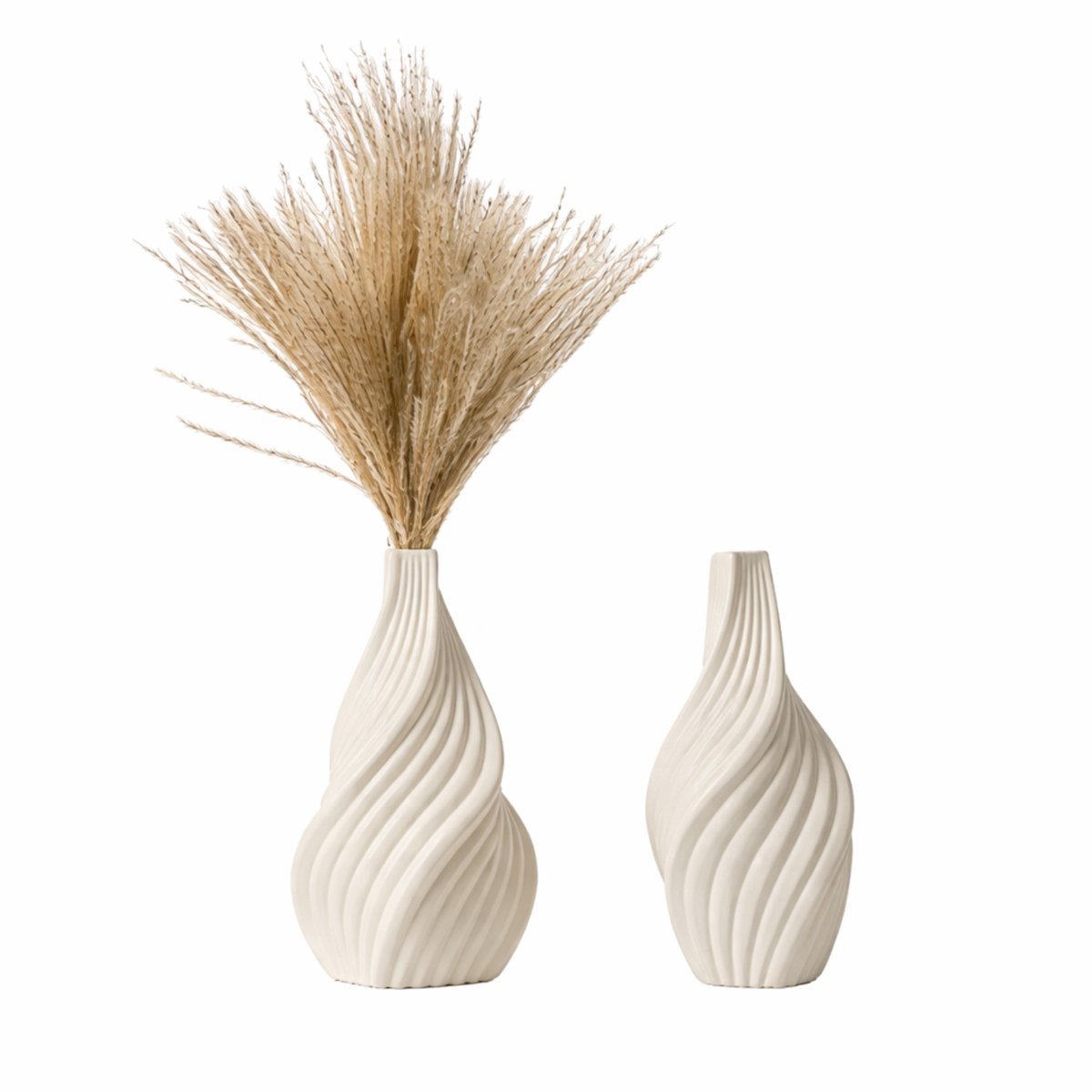Luxaliving Keramische Vazen Set van 2 – Beige – Gedraaid Design – 21 cm & 19 cm