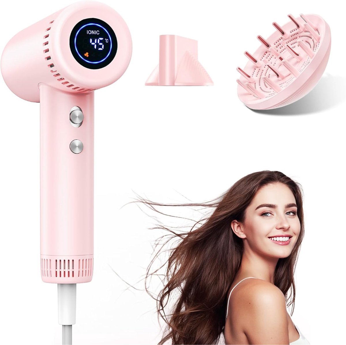 Fohn met Diffuser - Haardroger Krullen - Haarfohn - Fohnborstel - Roze