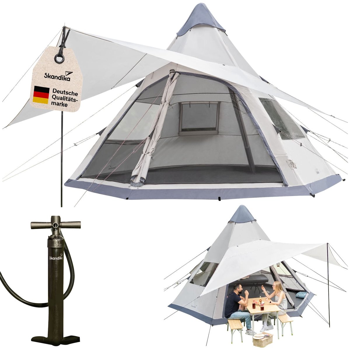 Skandika lucht­tent Tipi Hetta 460 Air Protect - Opblaasbare familietent voor 6 personen, 2,95 m stahoogte, 3000 mm waterkolom, ingenaaide tentvloer, UV 50+ | Campingtent, festivaltent, indianentent