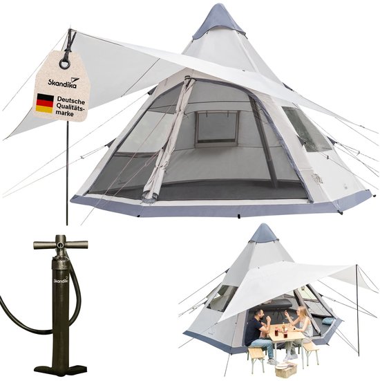 Skandika lucht­tent Tipi Hetta 460 Air Protect - Opblaasbare familietent voor 6 personen, 2,95 m stahoogte, 3000 mm waterkolom, ingenaaide tentvloer, UV 50+ | Campingtent, festivaltent, indianentent