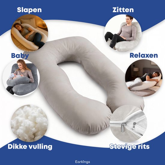 Earkings Zwangerschapskussen Zijslaapkussen 140x80cm U-vorm met Afneembare hoes - Body Pillow lichtgrijs van Earkings — afbeelding 3