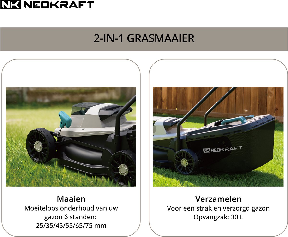 NeoKraft - Elektrische Grasmaaier - 1300W - 33 cm Maaibreedte - Incl 30L Opvangbak - 6 Maaihoogtes – foto 2