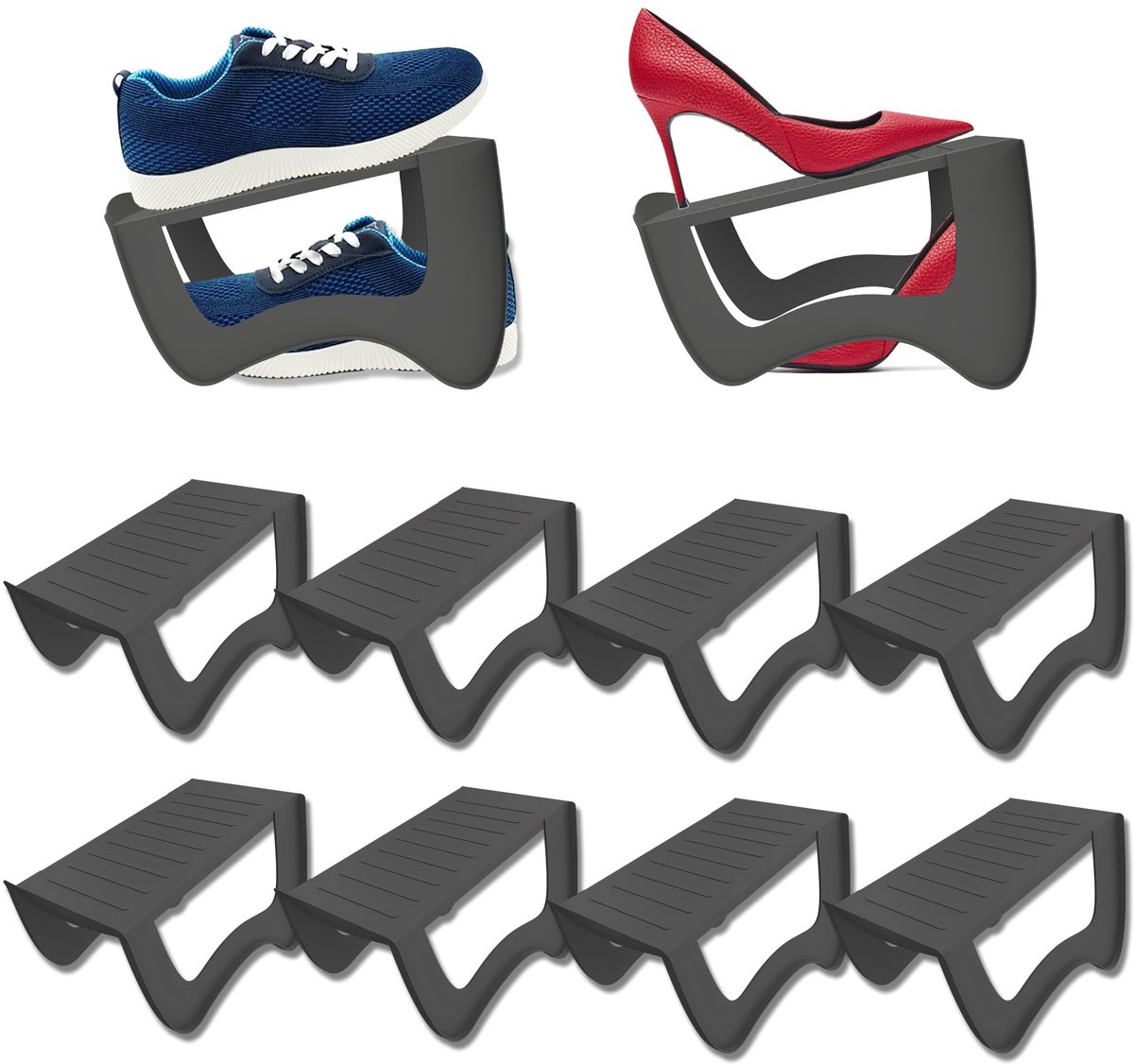 10 Stuks PP Schoenhouder Set 25x14,5x14cm Antislip Schoensleuven Stapelbaar Schoenorganizer Ruimtebesparend Schoenstapels Dubbellaags Schoenrekken Voor Voordeur, Gang, Slaapkamer (Grijs) NAIZY