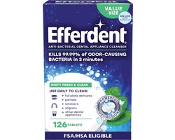 Efferdent Antibacteriële Reinigingstabletten voor Retainers 126 Stuks Voordeelverpakking (Minty Fresh & Clean) – Kunstgebit Reinigingstabletten voor Retainers, Nachtbeugels, Gebitsbeschermers, Aligners & Gebitsapparaten