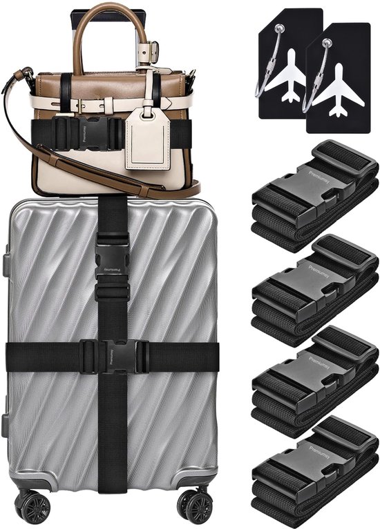 Premiumsy Kofferriem Met Kofferlabel - 6 Stuks - 4 Kofferband en 2 Bagagelabel - Bagageriem - Koffer Riem - Verstelbaar - Reisaccessoires - Zwart
