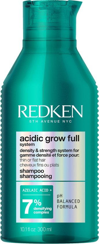 Shampoing Redken Acidic Grow Full dans une bouteille turquoise avec étiquetage blanc et holographique.